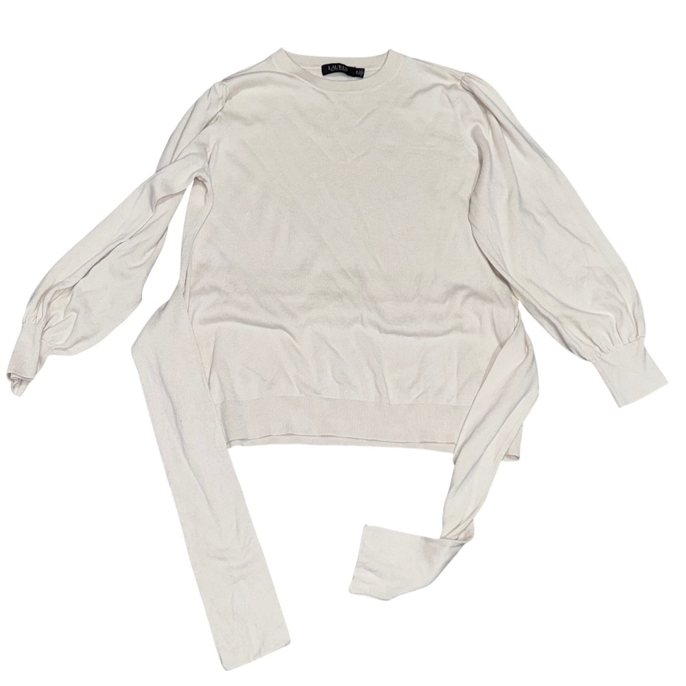 Lauren Ralph Lauren Black Label Tie-Front Sweater Women 1X Cream Puff Sleeve Top - Picture 6 of 12